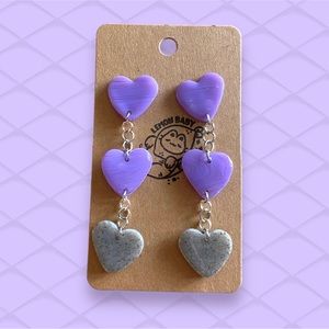 Handmade Lavender Purple and Speckled Grey Heart Drop Dangle Earrings